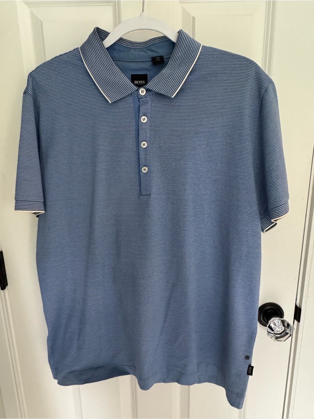 Hugo Boss Men’s Light Blue Micro-Striped Polo with Contrast Collar size L